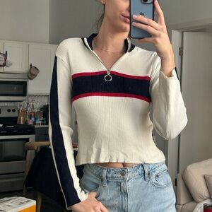 Cream and Navy Striped Quarter-Zip Sweater